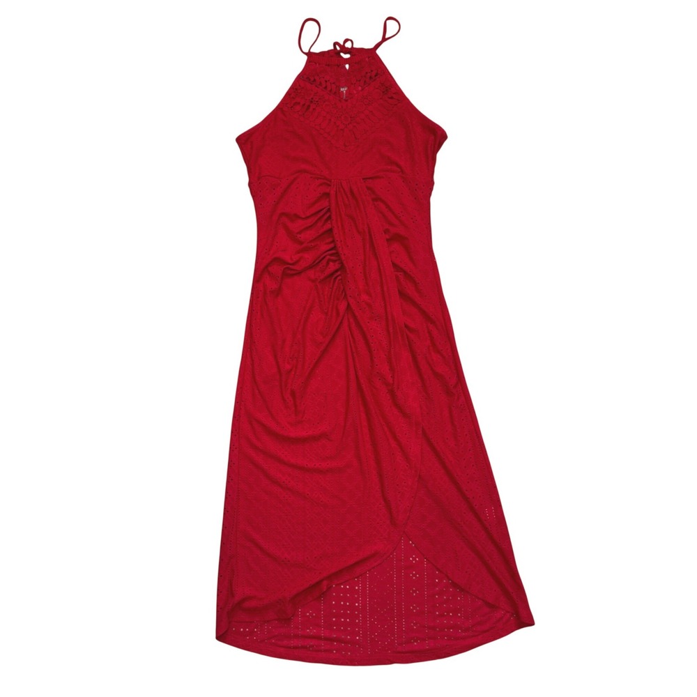 ChicMe Red Eyelet Lace Halter Maxi Dress Ruched Front XL LZ521280V